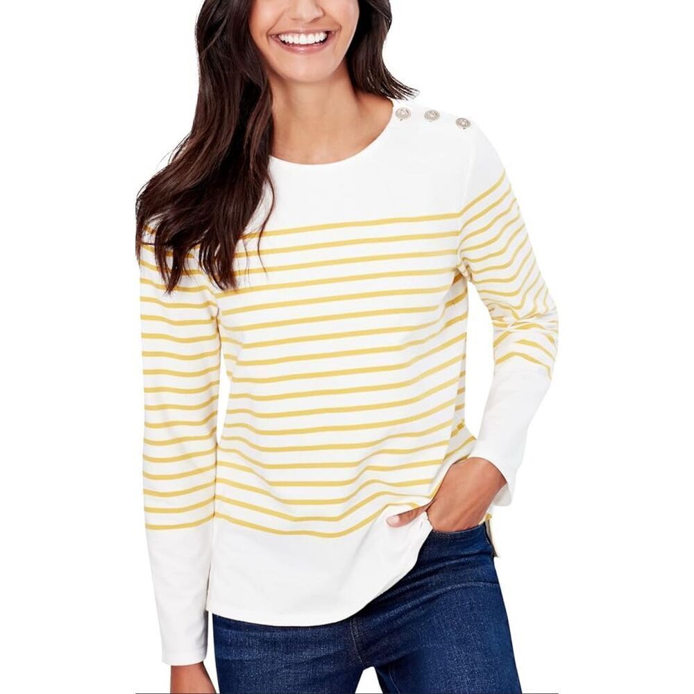 Joules Womens Striped Seacombe Button Shoulder Breton Top White Yellow Sz 20 NWT